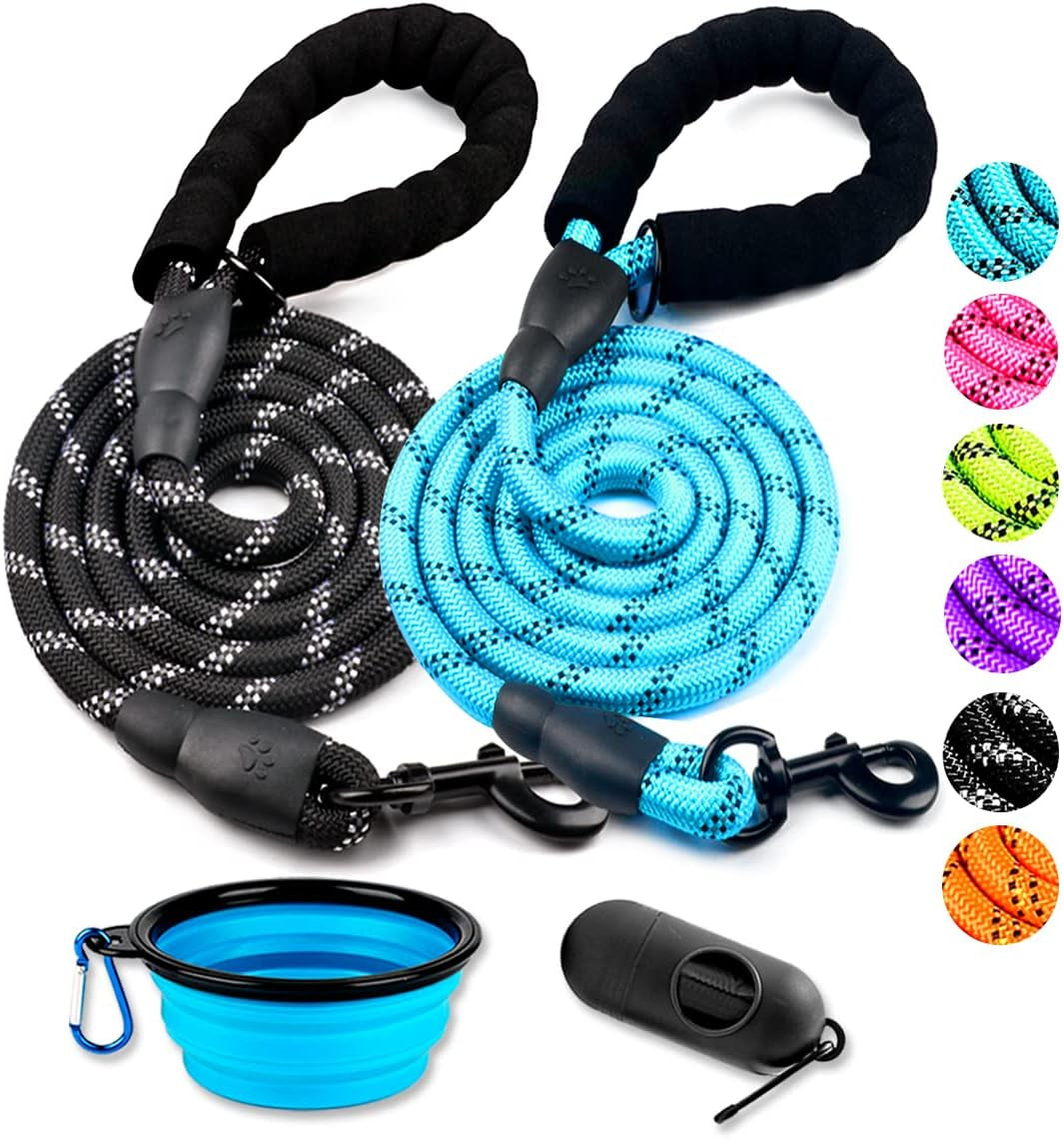 cooyoo-2-pack-dog-leash-5-ft-heavy-duty-comfortable-padded-handle-reflective-dog-leash-for-medium-large-dogs-with-collapsible-pet-bowl