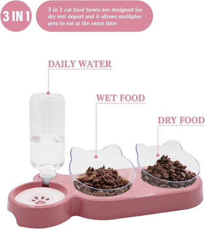 Triple Cat Bowls,15°Tilt 3-In-1 Water Feeder Bowls Cat Double Food Bowls with Automatic Water Bottle Bowl, Whisker Friendly Wet and Dry Cat Elevated Feeding Dishes for Small Cat and Puppy (Pink)2