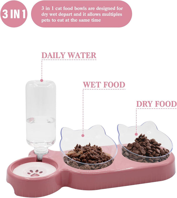 Triple Cat Bowls,15°Tilt 3-In-1 Water Feeder Bowls Cat Double Food Bowls with Automatic Water Bottle Bowl, Whisker Friendly Wet and Dry Cat Elevated Feeding Dishes for Small Cat and Puppy (Pink)2