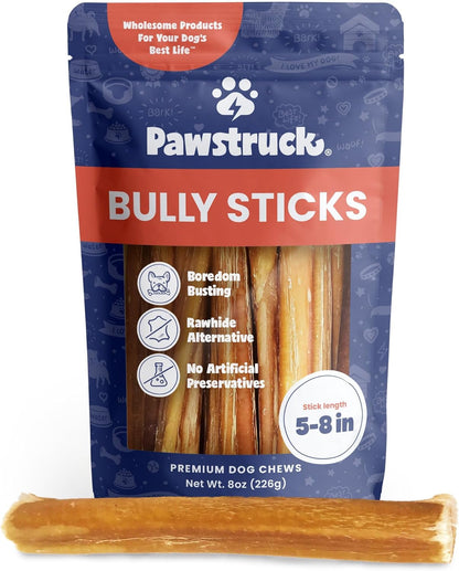 Pawstruck Natural 5-8" Bully Sticks for Dogs - Best Long-Lasting, Rawhide-Free, Low Odor Dental Chew Treat - Healthy Single Ingredient, 100% Real Beef - 8 Oz Bag - Packaging May Vary1