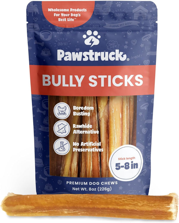 Pawstruck Natural 5-8" Bully Sticks for Dogs - Best Long-Lasting, Rawhide-Free, Low Odor Dental Chew Treat - Healthy Single Ingredient, 100% Real Beef - 8 Oz Bag - Packaging May Vary1