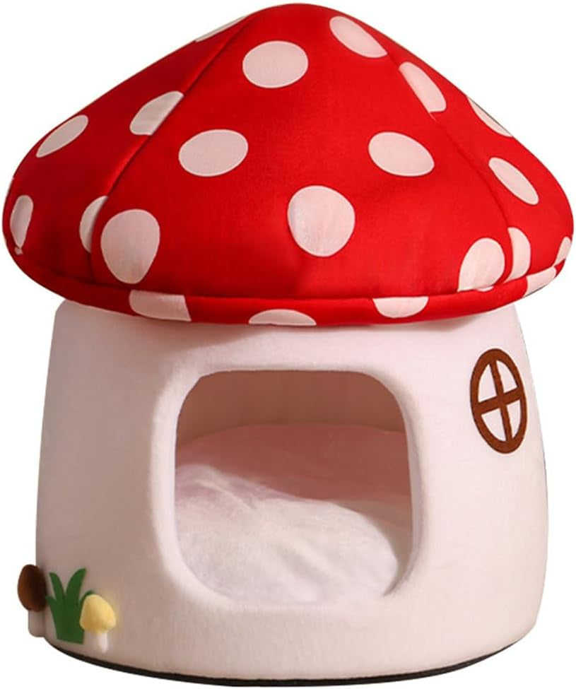 lyfjmus-mushroom-cat-bed-for-indoor-cats-mushroom-cow-shape-cat-cave-bed-cat-tent-with-removable-washable-cushion-pillow-cat-house-bed-for-cats-small-dogs