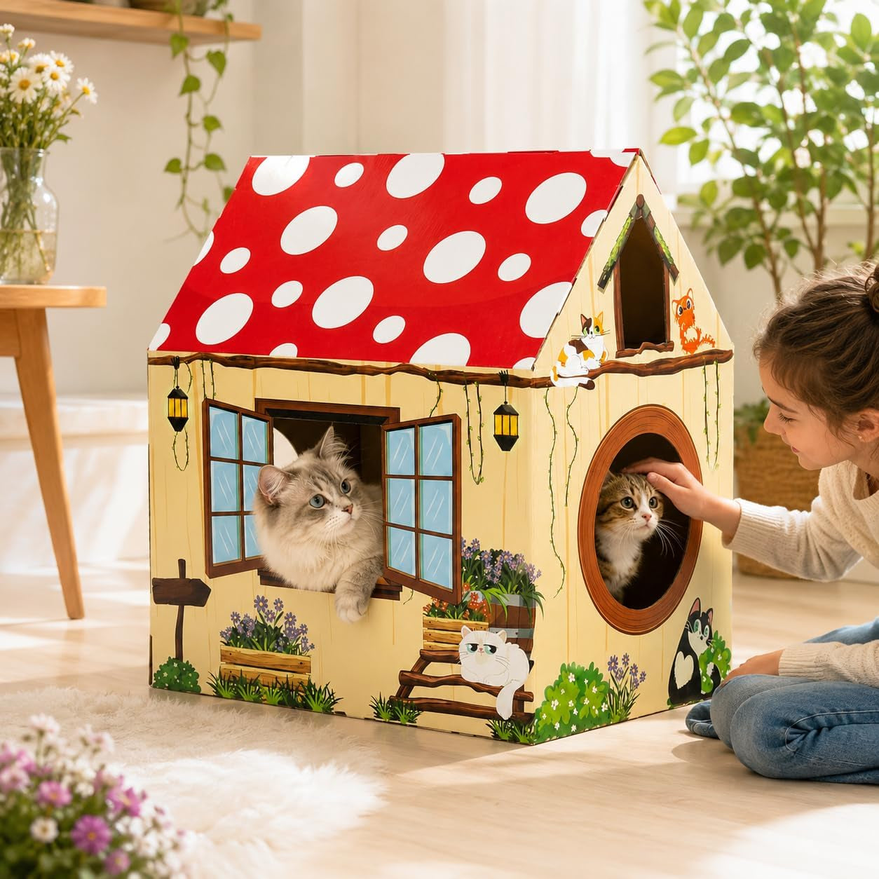 cinrobiye-cardboard-cat-house-with-scratcher-indoor-cat-condo-cat-cave-hideout-with-scratch-pad-cardboard-cat-playhouse-bed-for-cats-kittens-rabbits-small-pets-mushroom
