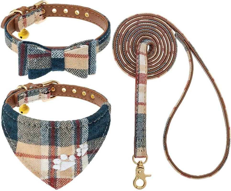 expawlorer-puppy-collar-and-leash-set-embroidery-pawprints-plaid-dog-collar-and-dog-leash-set-bow-tie-and-bandana-dog-collar-with-bell-cute-collar-and-leash-for-dogs-cats-outdoor-walking-blue-s