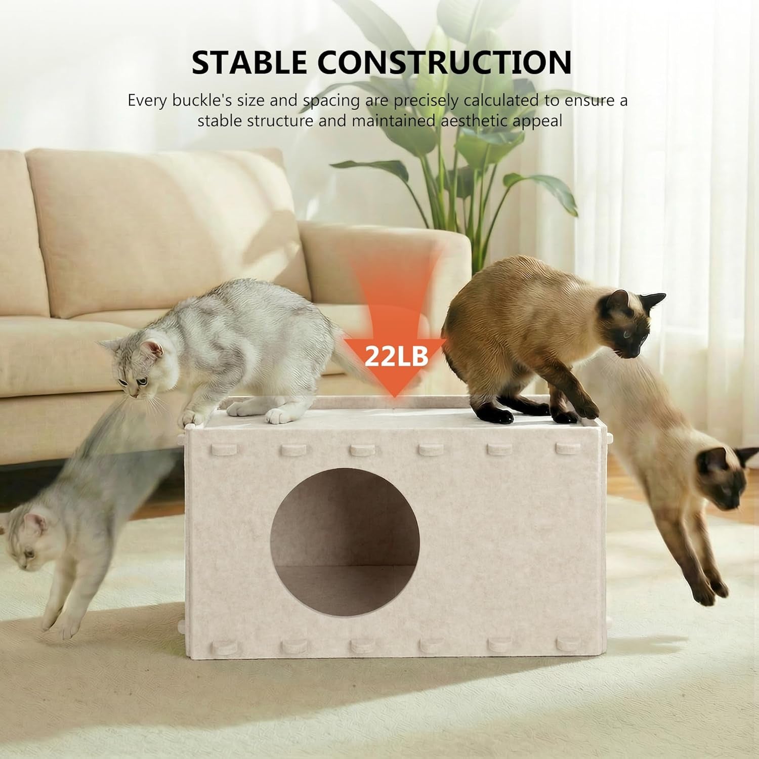 cat-house-for-indoor-cats-scratch-resistance-cat-cave-bed-felt-peekaboo-cat-hideaway-for-large-multiple-cats-up-to-22lbs-cream