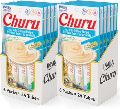 INABA Churu Cat Treats, Grain-Free, Lickable, Squeezable Creamy Purée Cat Treat/Topper with Vitamin E & Taurine, 0.5 Ounces Each Tube, 4 Tubes, Tuna with Salmon Recipe15