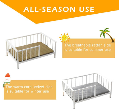 OSCHF Dog Bed with Rails - Elevated Pet Metal Bed Frame with Solid Wood Board and Washable Soft Mat for Medium Dog Indoor or Outdoor Use, 25.2" X 37.8", White3