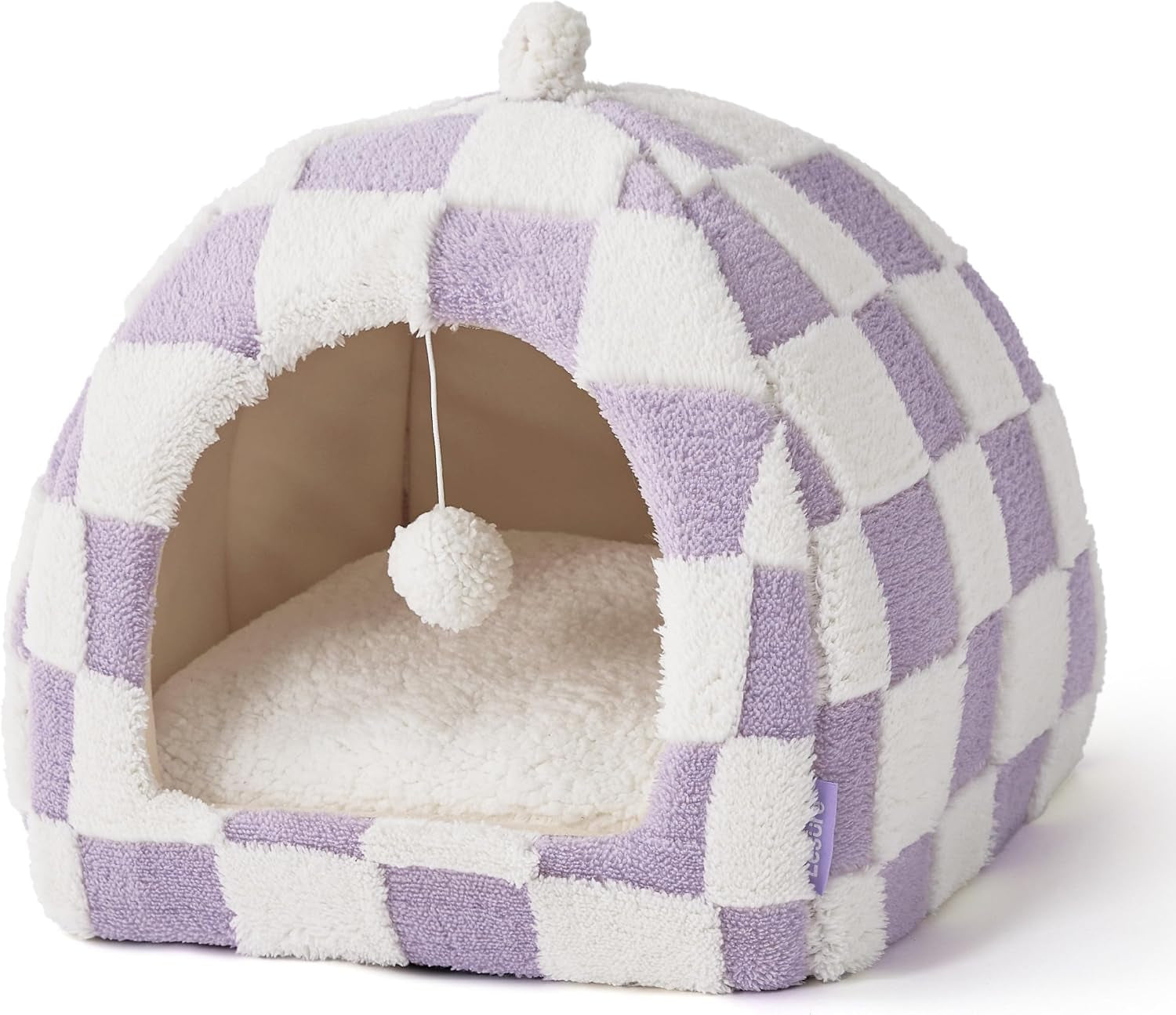 lesure-2in1-cute-cat-house-for-kitten-with-washable-cushioned-pillow-16in-cat-beds-for-indoor-cats-small-pet-cave-tent-cozy-enclosed-foldable-hideaway-fluffy-ball-anti-slip-bottom-hand-strap-purple