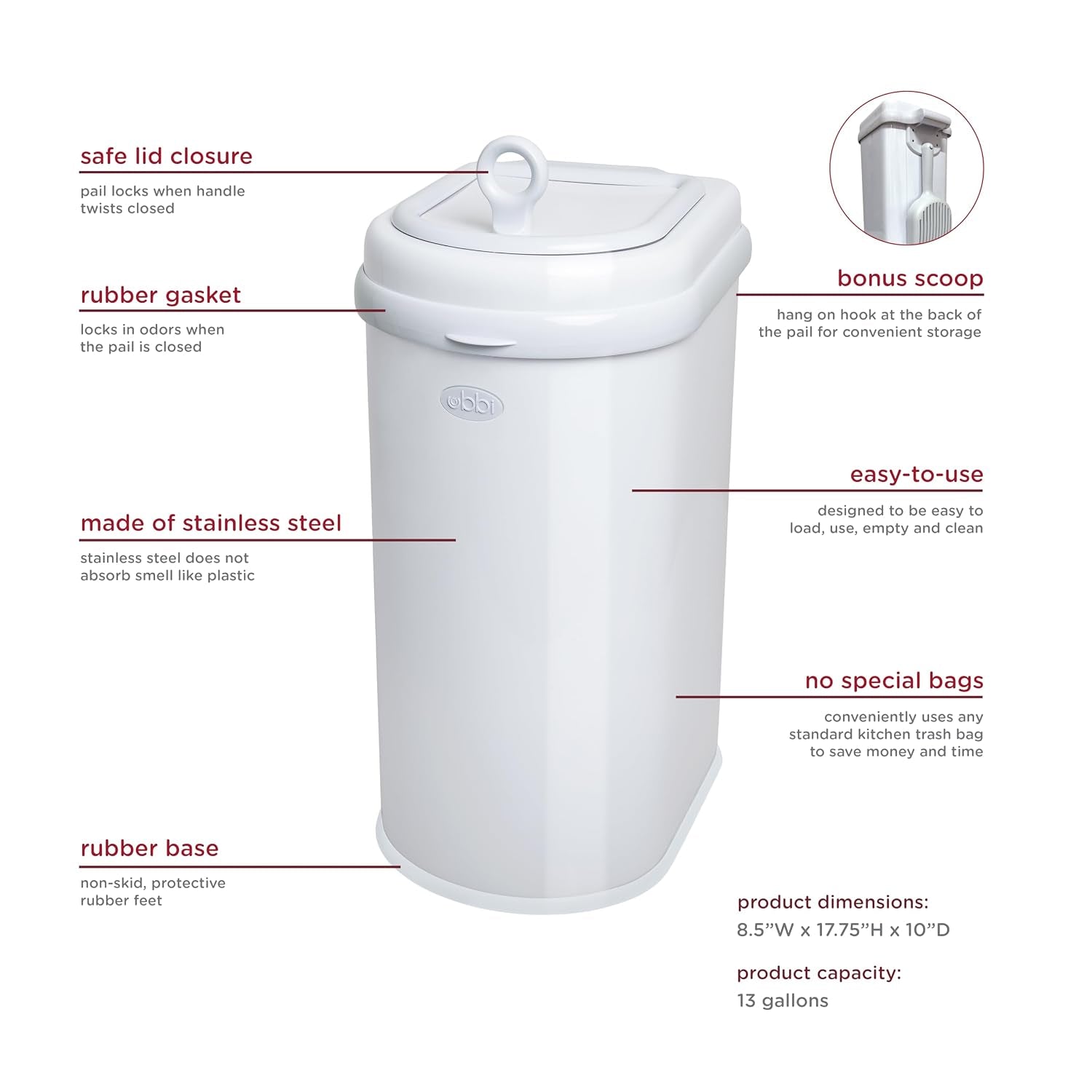 ubbi-pet-waste-pail-white-odor-locking-cat-litter-disposal-system-stainless-steel-pet-waste-can-with-safety-lock-scoop-no-special-bags-required