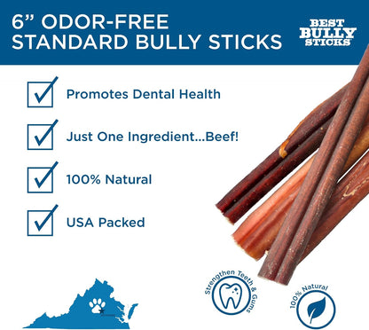 Best Bully Sticks 6 Inch Odor-Free Bully Sticks - 20 Count (Pack of 1) - Bulk Bag, Odorless Natural Grass-Fed Beef, Easily Digestible, No Grain or Rawhide, Ideal for Big Breeds2