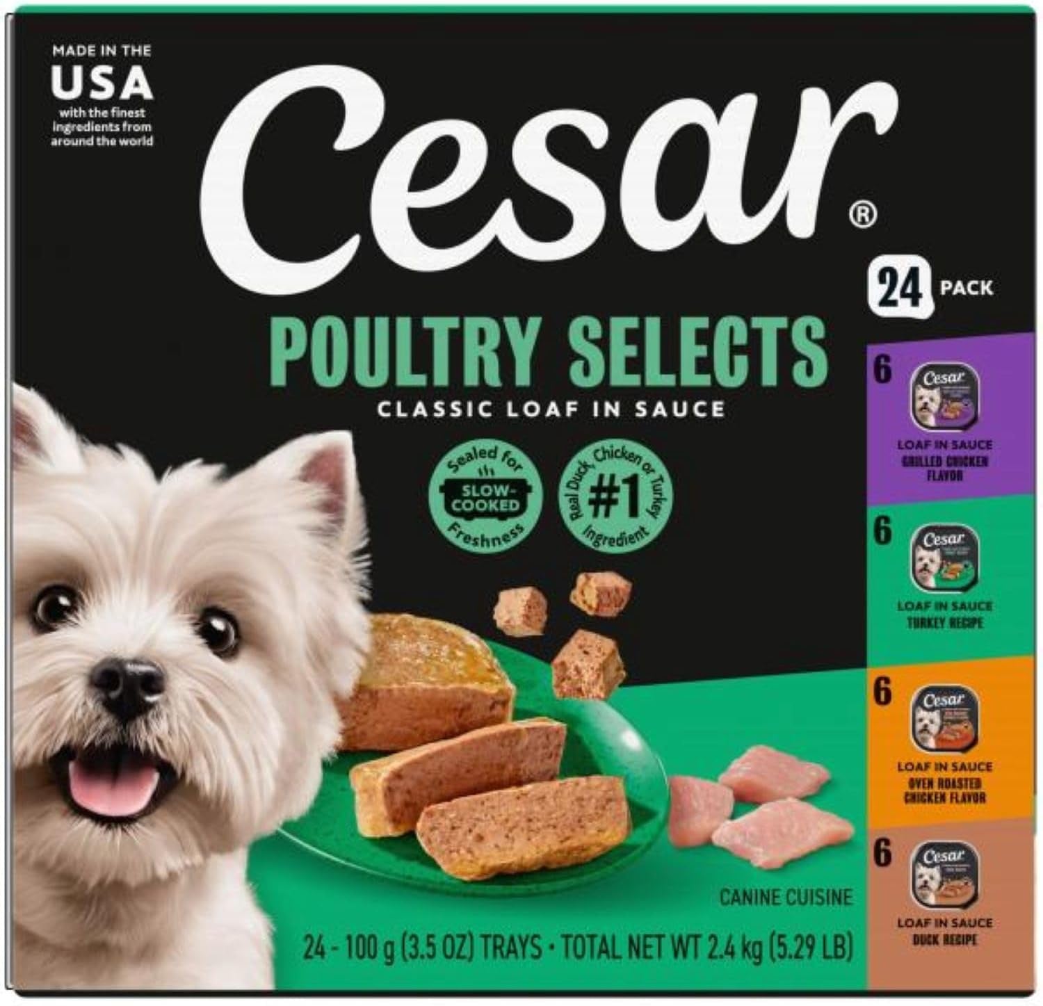 cesar-wet-dog-food-classic-loaf-in-sauce-grilled-chicken-filet-mignon-porterhouse-steak-beef-chicken-liver-and-turkey-variety-pack-3-5-oz-easy-peel-trays-36-count-pack-of-1-made-in-usa-real-meat-1-ingredient-no-fillers-or-artificial-flavors-formulated-without-grains-easy-peel-trays