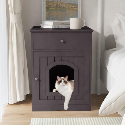 Espresso Wooden Cat Litter Box Enclosure with Drawers - Stylish Nightstand & Side Table2