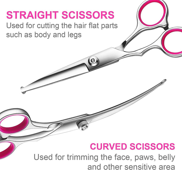 TINMARDA Dog Grooming Kit, Professional Stainless Steel Dog Grooming Scissors with Curved Shears, Pink Finger Rings - 4 Piece Sharp Durable Pet Shears for Dogs Cats at Home Salon-Quality Grooming3