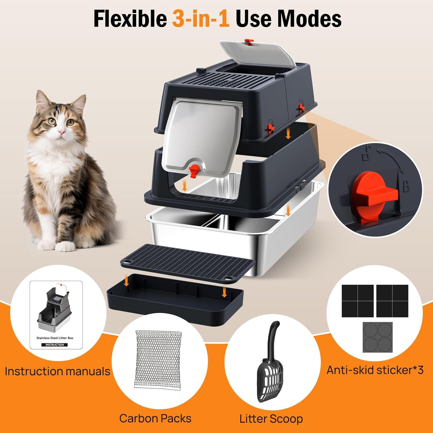 stainless-steel-litter-box-with-lid-enclosed-metal-litter-box-extra-large-kitty-litter-pan-covered-with-scoop-pedal-odor-control-odor-free-front-flip-top-entry-black