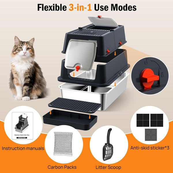 Stainless Steel Litter Box with Lid, Enclosed Metal Litter Box, Extra Large Kitty Litter Pan Covered with Scoop & Pedal, Odor Control, Odor Free, Front & Flip-Top Entry, Black7
