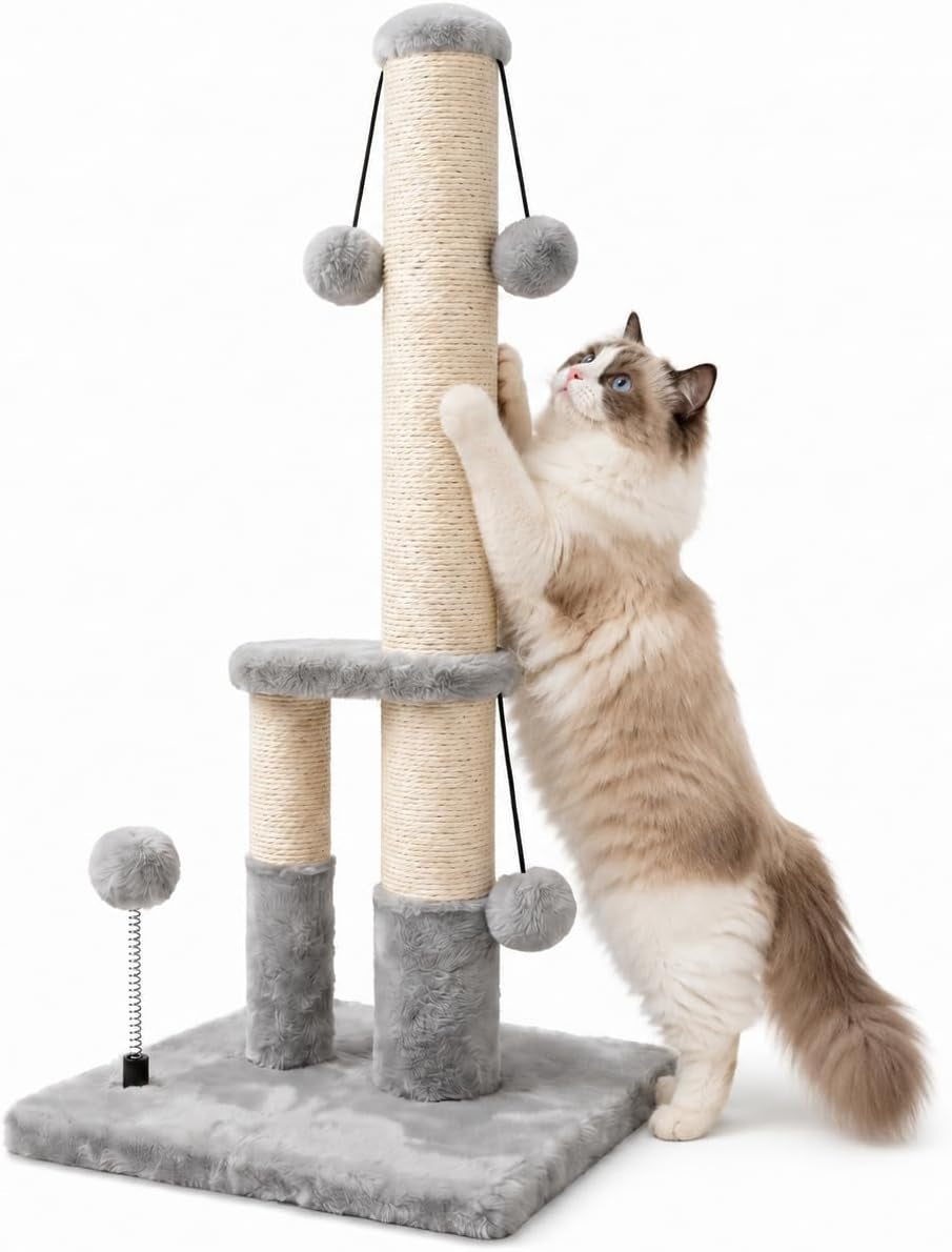 dimaka-tall-cat-scratching-post-double-lower-posts-extra-stable-cat-post-tree-scratcher-with-sisal-rope-and-teasing-4-balls-total-large-base-grey