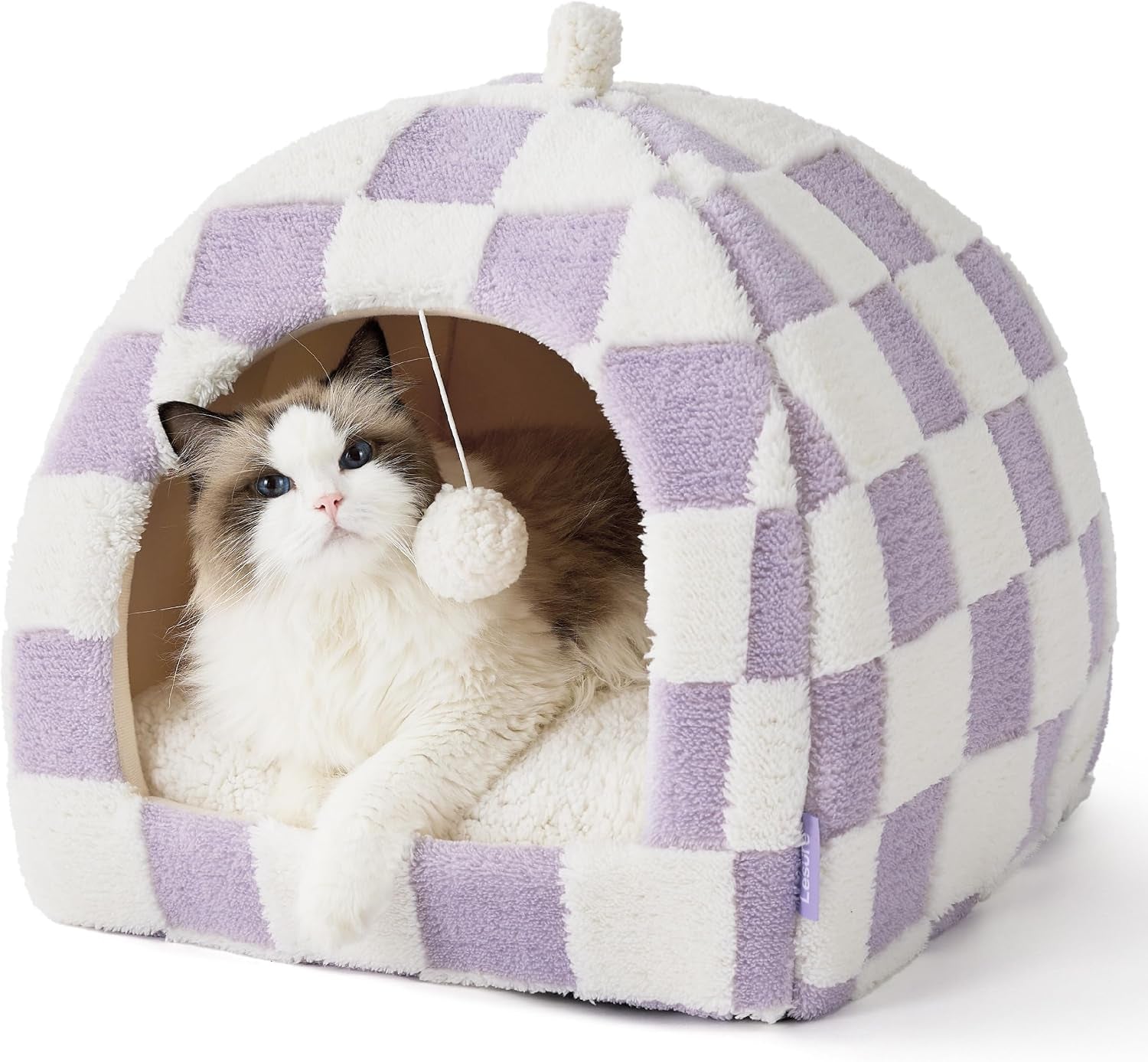 lesure-2in1-cute-cat-house-for-kitten-with-washable-cushioned-pillow-16in-cat-beds-for-indoor-cats-small-pet-cave-tent-cozy-enclosed-foldable-hideaway-fluffy-ball-anti-slip-bottom-hand-strap-purple
