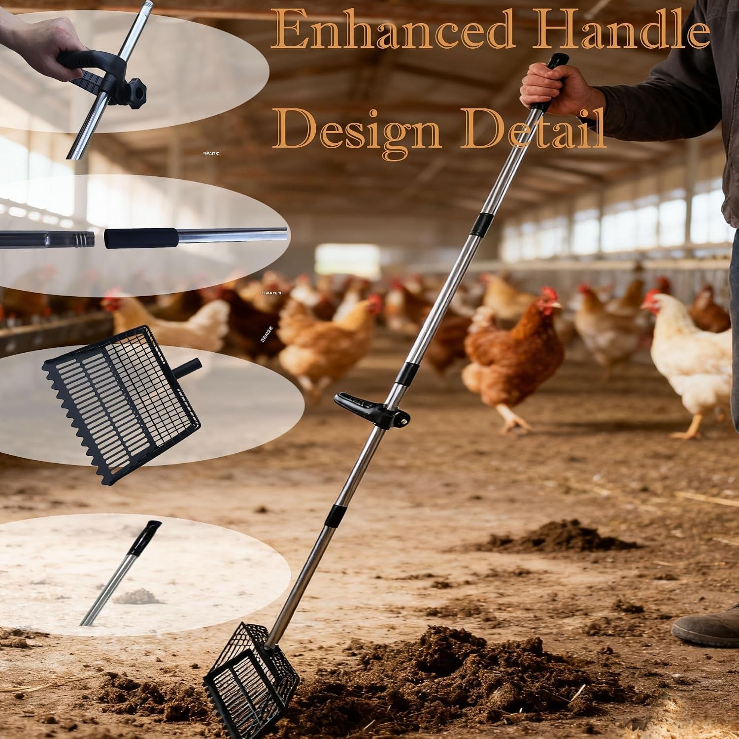 chicken-poop-scooper-rake-2-in-1-adjustable-35-65-stainless-steel-handle-heavy-duty-metal-black-shovel-head-for-chicken-coop-cleaning-pet-waste-cat-litter-sifting
