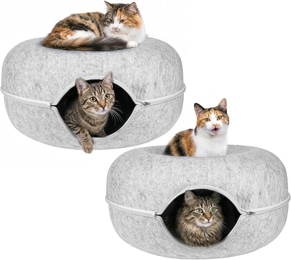 Cat Tunnel Bed for Heavy Big Cats up to 45 Lbs - 24" Donut Cat Bed for Multi-Cat Home - Premium Detachable Zipper Felt Anti-Scratch Cat Cave Bed - Roomy Non-Collapsing Cat Hideaway & Peekaboo Toy9