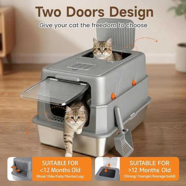 Enclosed Stainless Steel Litter Box, XL Covered Metalpan Includes Mat Scoop | Easy Cleaning Anti-Urine Leakage Non-Sticky Front Entry Top Exit8