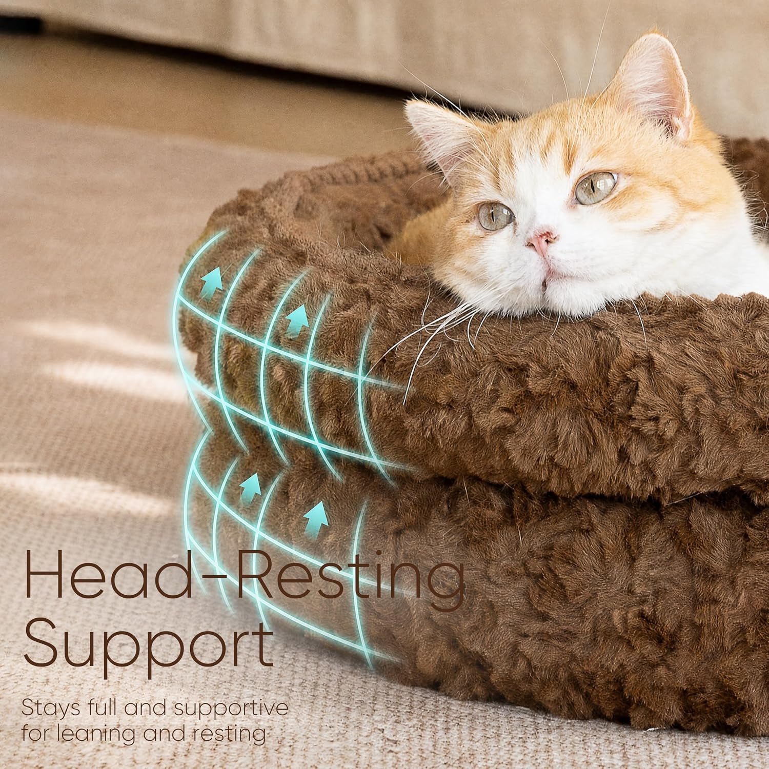 fukumaru-round-cat-bed-plush-washable-calming-dog-bed-with-low-entry-raised-bolster-small-dog-bed-soft-cozy-donut-cat-bed-for-indoor-cats-faux-rabbit-fur-anti-slip-bottom-20-inch-brown