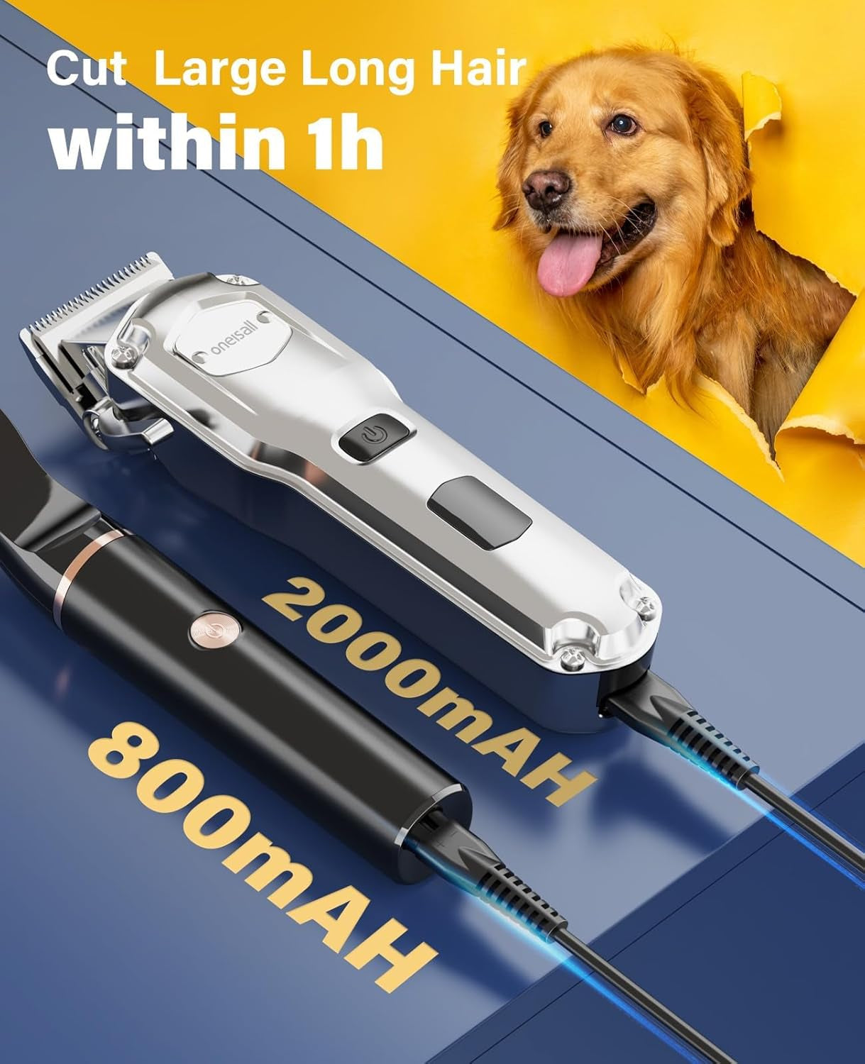 oneisall-dog-grooming-kit-for-thick-matted-hair-with-stainless-steel-blade-powerful-motor-dog-clippers-paw-trimmers-ipx7-waterproof-low-noise-cordless-long-battery-life