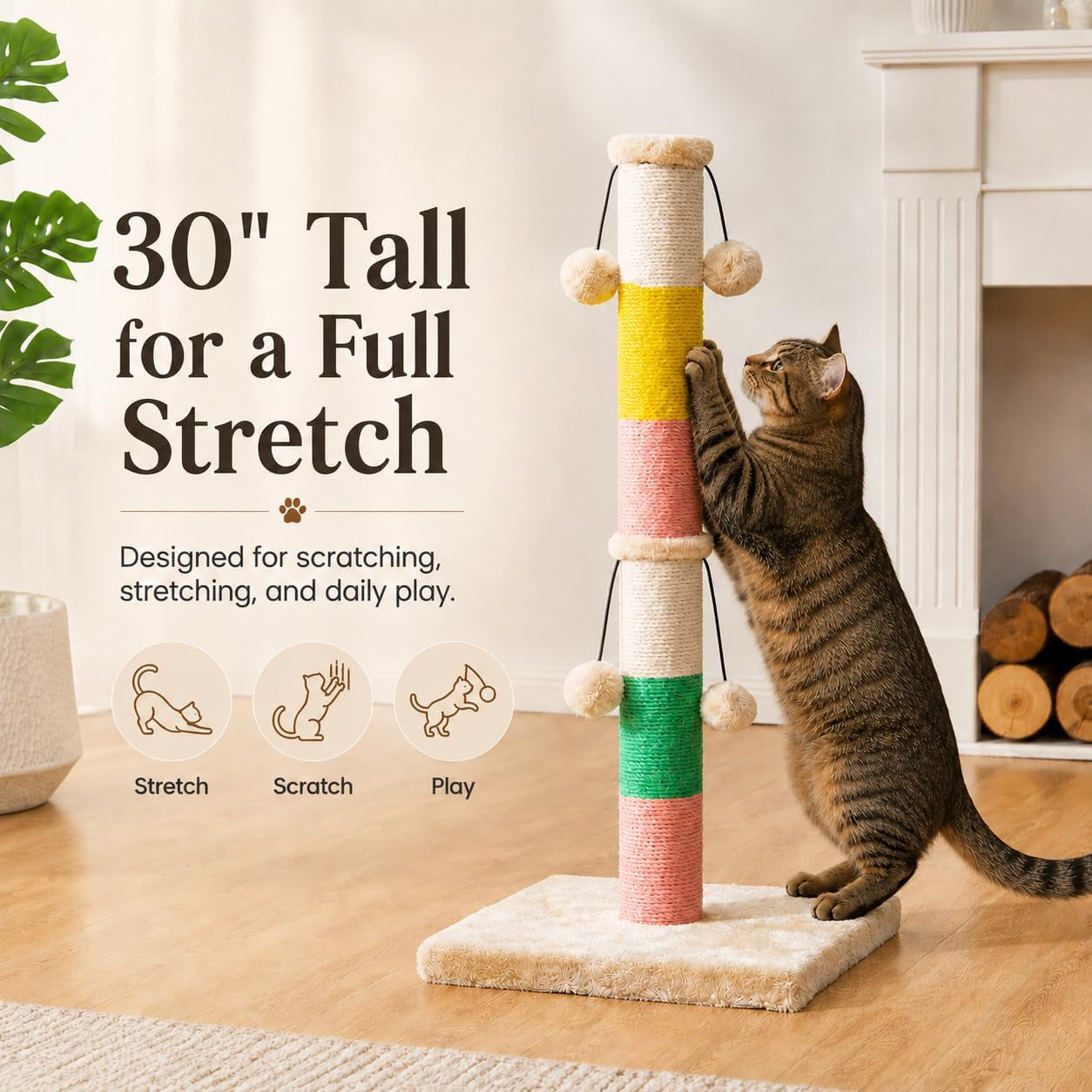 30-inch-high-cat-scratching-post-with-4-plush-teasing-toy-balls-natural-sisal-rope-post-and-thickened-base-red-green-yellow-white