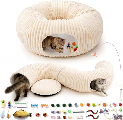 Cat Tunnel Bed with 40 Pcs Interactive Cat Toys, Cat Tube with Kitten Toys for Indoor Kittens, Collapsible Play Tunnel, White1