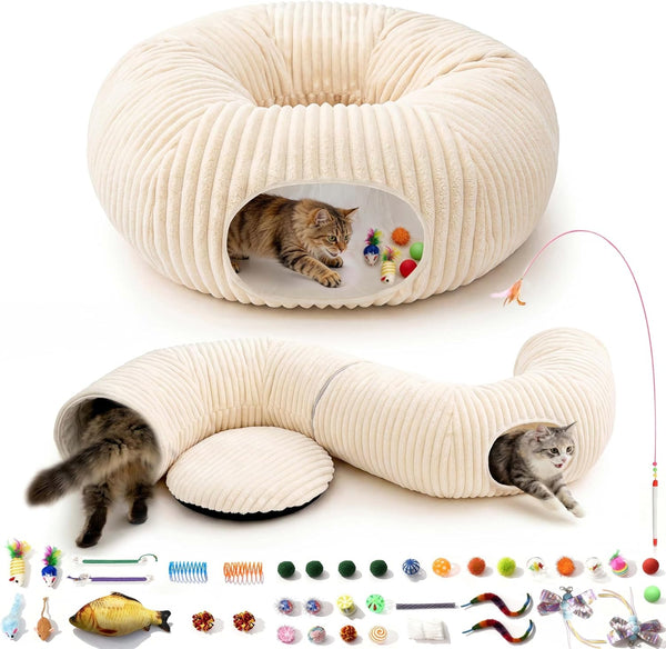 Cat Tunnel Bed with 40 Pcs Interactive Cat Toys, Cat Tube with Kitten Toys for Indoor Kittens, Collapsible Play Tunnel, White1
