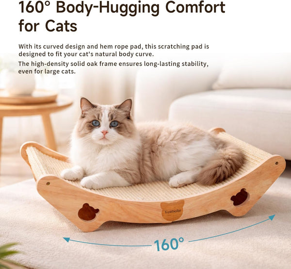 Upgraded Sisal Cat Scratcher Bed, Solid Oak Frame 1.3 Cm Thick, 100% Sisal Pad, Curved Scratch Lounger, Stable Base up to 36 Lb, Sofa Protector, Odor-Free, 23.6" X 13.7"2