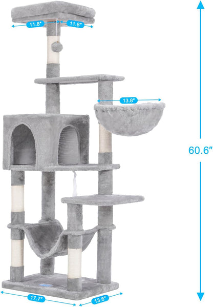 Hey-Brother Cat Tree with Large Hammock, Multi-Level Cat Tower for Indoor Cats, Cat Condo with Sisal-Covered Scratching Posts and Top Perch, Light Gray MPJ050W3