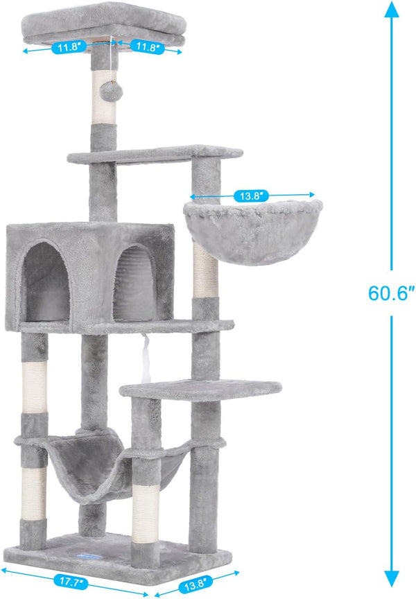 Hey-Brother Cat Tree with Large Hammock, Multi-Level Cat Tower for Indoor Cats, Cat Condo with Sisal-Covered Scratching Posts and Top Perch, Light Gray MPJ050W3