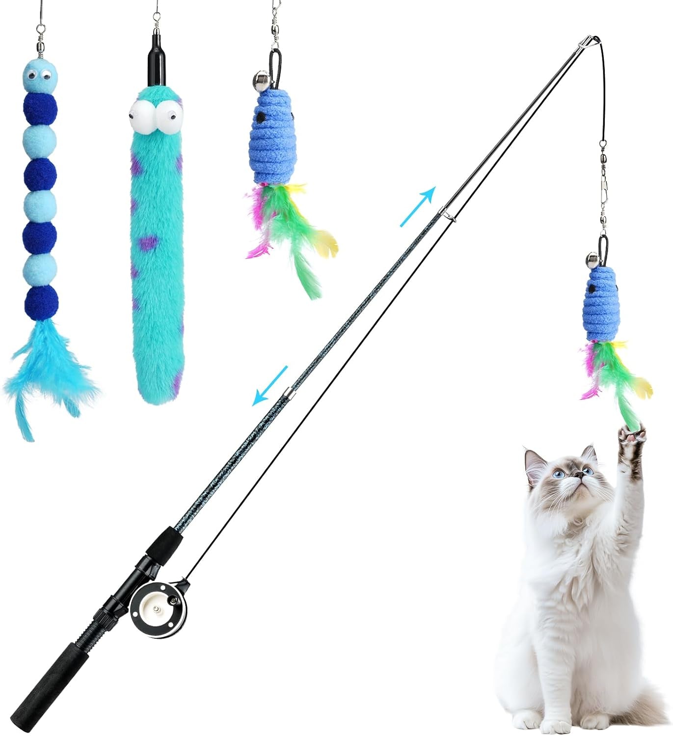 pawaboo-cat-feather-toys-4-pack-interactive-cat-feather-teaser-wand-toys-retractable-fishing-pole-wand-catcher-exerciser-with-refill-fish-dragonfly-worm-with-bells-fun-cat-kitten-kitty-playing-toy