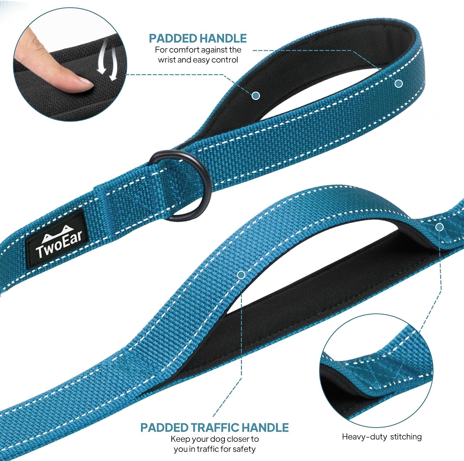 twoear-6ft-1in-strong-blue-dog-leash-with-2-padded-handles-traffic-handle-extra-control-comfortable-soft-dual-handle-auto-lock-hook-reflective-walking-lead-for-small-medium-and-large-dogs