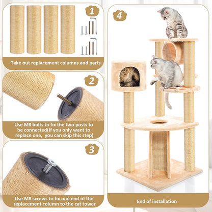 4 Pcs M8 Cat Scratching Post Replacement 11.8X3.5'' Sisal Pole Cat Tree Climbing Post Replacement with Screw, Refill Scratcher Pole for Indoor Kitten Tree Tower Spare Pet(Primary Color)5