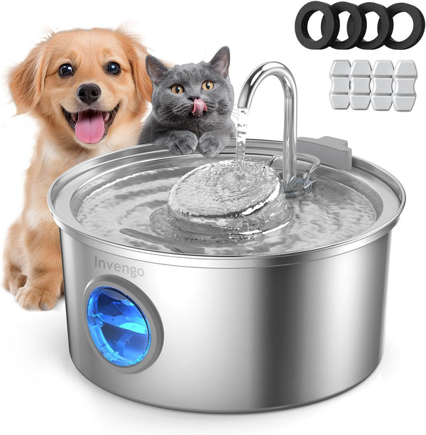 Invengo Cat Water Fountain Stainless Steel, 108Oz/3.2L Pet Fountain with Large Water Level Window, Ultra Quiet Automatic Cat Water Dispenser for Cats and Dogs, 2 Flow Modes, Splash-Proof Design11
