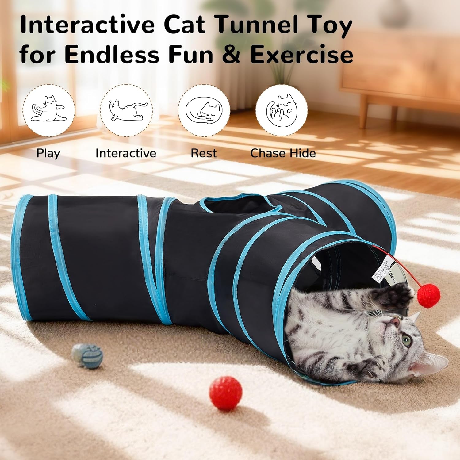 tempcore-pet-cat-tunnel-tube-toys-3-way-collapsible-tunnels-for-indoor-cats-interactive-tube-with-teaser-wand-peek-holes-hanging-ball-black-blue