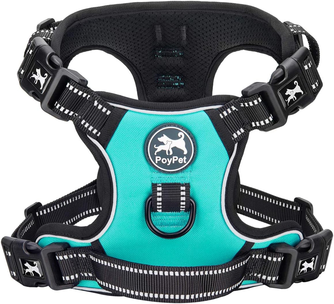 poypet-no-pull-dog-harness-with-4-snap-buckles-reflective-with-front-back-2-leash-hooks-and-an-easy-control-handle-no-need-go-over-dog-s-headmint-blue-m