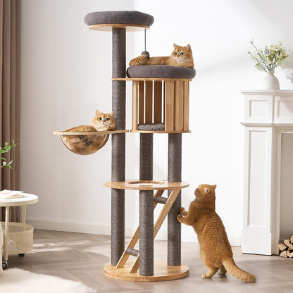 50" Modern Cat Tree for Indoor Cats Small to Medium, Solid Wood Cat Tower with Sisal Scratching Posts, Cat Scratcher Cardboard, Cozy Cat Beds & Hidden Cat Condo, Multi-Level Cat Furniture14