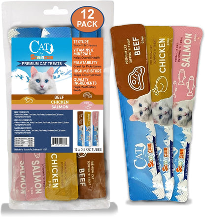 Scoochie Pet Cat Lick Treats, Chicken Salmon & Beef, 0.5Oz, 12 Pack | Variety Pack, Chicken, Salmon, Beef, Creamy Puree, No Chewing, Great for All Cats Especially Seniors2