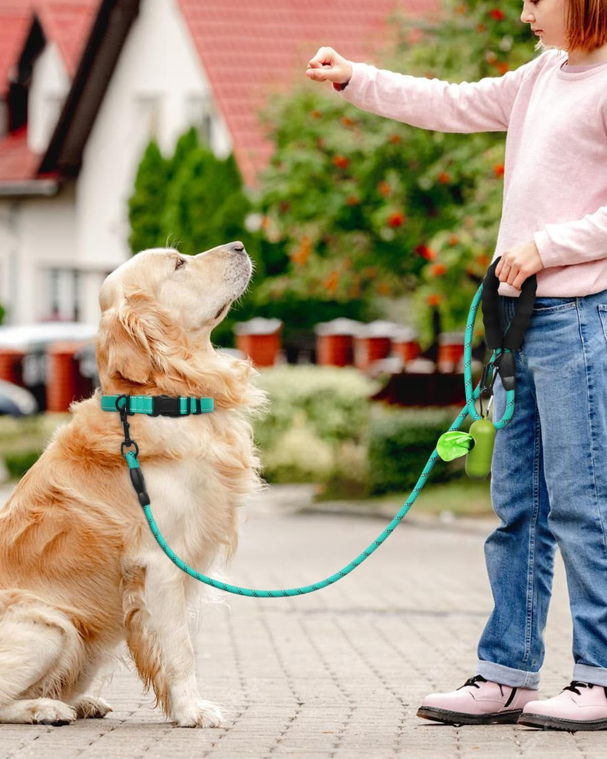 dynmeow-reflective-dog-collar-and-leash-set-for-large-dogs-teal-soft-neoprene-padded-6ft-climbing-rope-ideal-for-daily-outdoor-walking-or-indoor-wearing-night-visible-for-safety