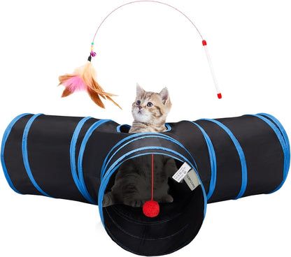 Tempcore Pet Cat Tunnel Tube Toys 3 Way Collapsible, Tunnels for Indoor Cats, Interactive Tube with Teaser Wand, Peek Holes & Hanging Ball, Black & Blue15