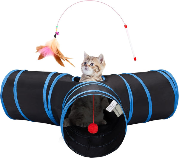 Tempcore Pet Cat Tunnel Tube Toys 3 Way Collapsible, Tunnels for Indoor Cats, Interactive Tube with Teaser Wand, Peek Holes & Hanging Ball, Black & Blue15