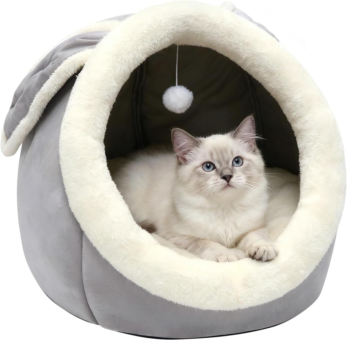 cat-beds-for-indoor-cats-rabbit-shaped-cat-cave-bed-with-hanging-toy-grey-m-super-soft-calming-cat-tent-house-for-kitten-puppy-warm-plush-machine-washable-removable-cushioned-pad-cute-cat-hideaway
