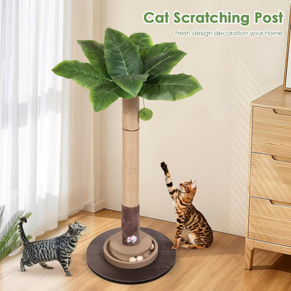 35" Sisal Rope Cat Scratching Post, Palm Leaf Cat Tree with Hanging Ball & Mouse Toy for Kittens & Adult Indoor Cats6