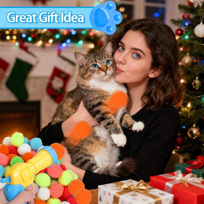 Mity Rain 102PCS Cat Ball Launchers & Pom Pom Balls Interactive Cat Toy Set | Safe Soft Plush Kitten Toys for Indoor Cats, Fun Kitten Toys for Endless Active Play (Christmas)4