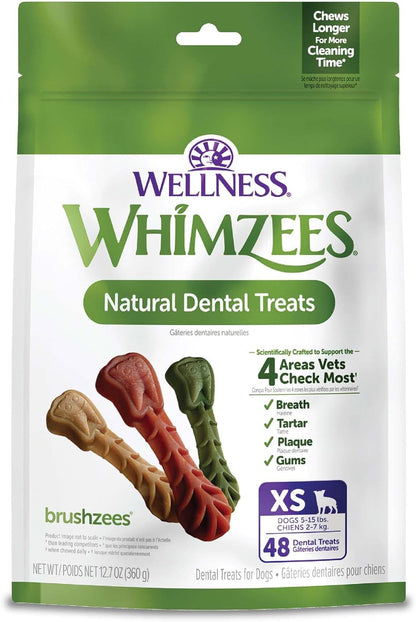 Whimzees Wellness Brushzees Natural Dog Dental Treat, VOHC Accepted Chews, Freshens Breath, Extra-Small Size, 12.7 Oz Bag, 48 Count1