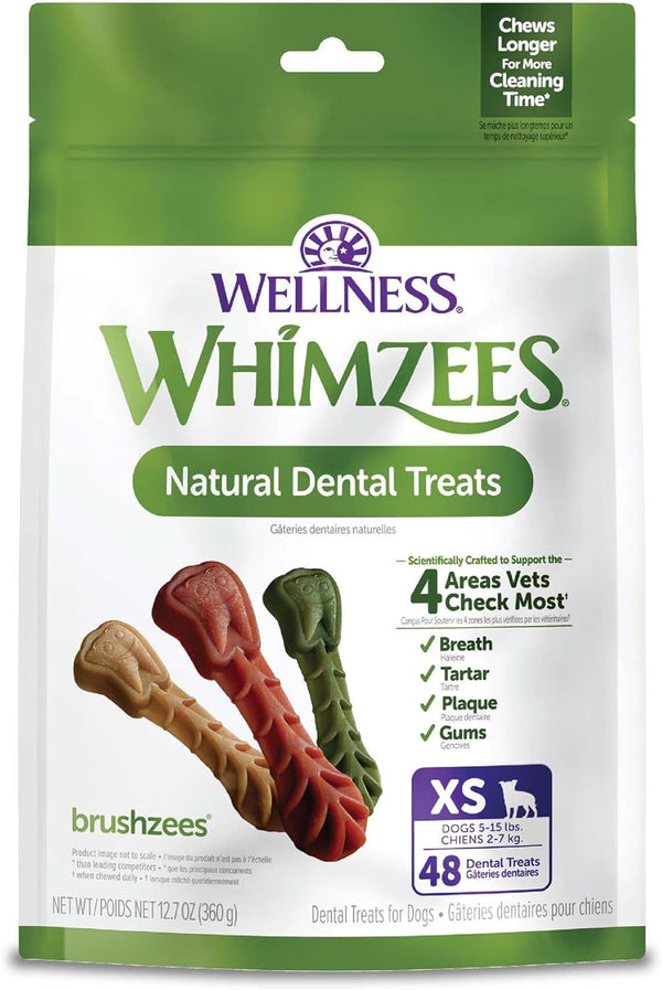 Whimzees Wellness Brushzees Natural Dog Dental Treat, VOHC Accepted Chews, Freshens Breath, Extra-Small Size, 12.7 Oz Bag, 48 Count1