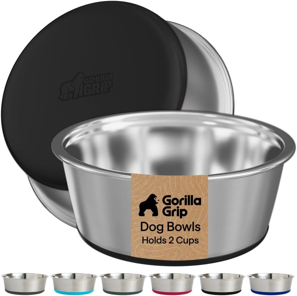 gorilla-grip-dog-bowls-food-grade-304-stainless-steel-holds-2-us-cups-each-16-fl-oz-food-and-water-bowl-for-feeding-dogs-and-cats-dishwasher-safe-rust-resistant-bpa-free-rubber-base-2-set-black