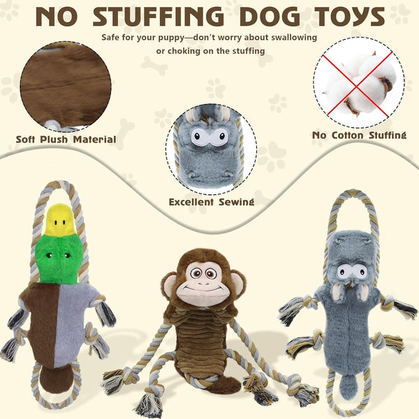 3 Pack No Stuffing Squeaky Dog Toys, Tug of War Dog Toy with Rope | Interactive, Squeaker & Crinkle Paper, Durable for Teeth Cleaning, Anxiety Relief, Dog Gifts for Small, Medium Dog4